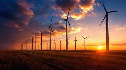 Obraz premium Windmill farm with turbines, expansive and powerful, Industrial, Cool tones, Photograph, Renewable energy