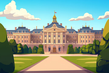 A grand building with a central dome and flag, surrounded by lush greenery and a pathway.