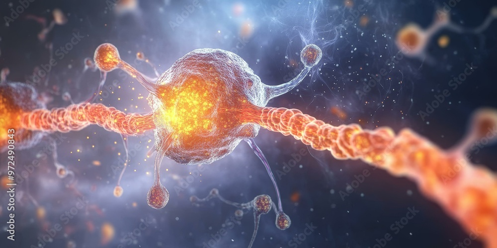 Poster a single neuron firing with glowing axons.