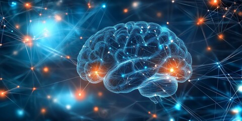 Obraz premium Blue glowing brain with network connections.