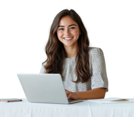 PNG Smiling woman with laptop happy white table.