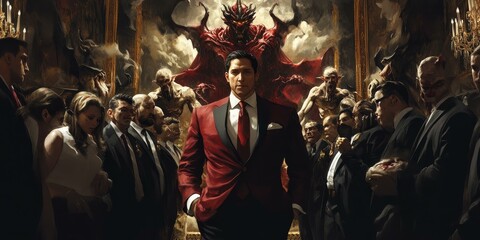 Fototapeta premium Man in red suit stands amongst demons and men.