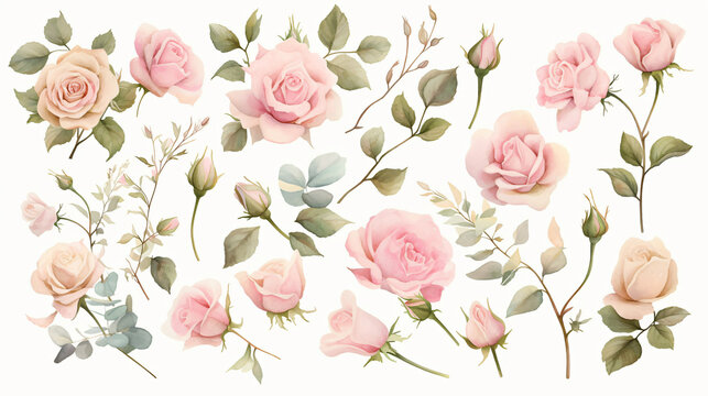 A collection of soft pink roses and buds in various stages of bloom, illustrated in a delicate watercolor style, perfect for floral-themed projects and romantic designs.