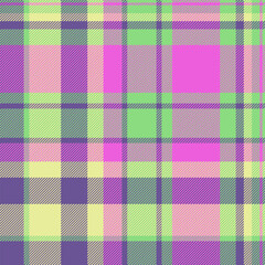 Pixel pattern fabric check, traditional vector textile texture. French tartan background seamless plaid in green and violet colors.