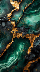 Green jade agate marbling texture background with deep gold veins.