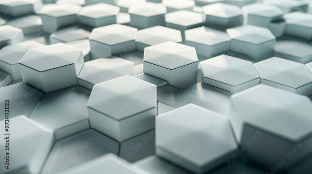 Poster A close-up view of numerous hexagonal shapes arranged in a 3D pattern, featuring a glossy white surface and clean lines that create a modern and sophisticated geometric design.
