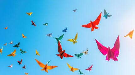 Colorful origami paper birds flying in a blue sky.
