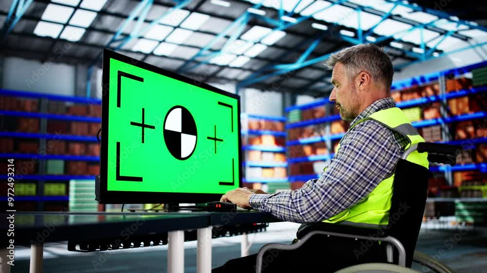 Poster engineer using pc monitor with green screen