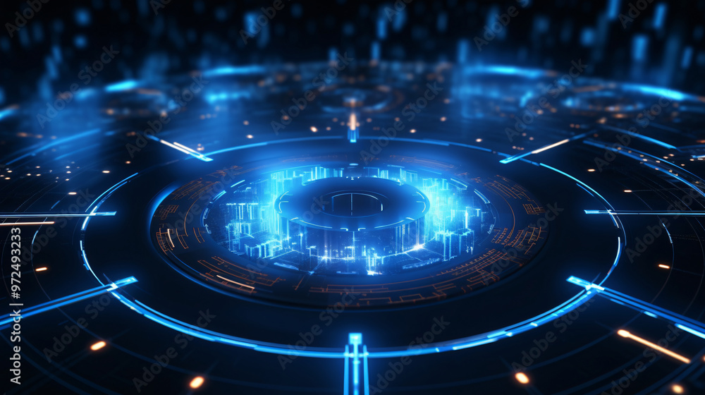 Poster a futuristic digital illustration of a glowing circular pattern with intricate lines and shapes, emp