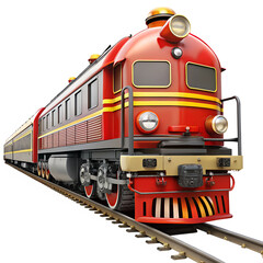Obraz premium Colorful vintage train on tracks, showcasing classic design and vibrant red color, perfect for travel and transport themes.
