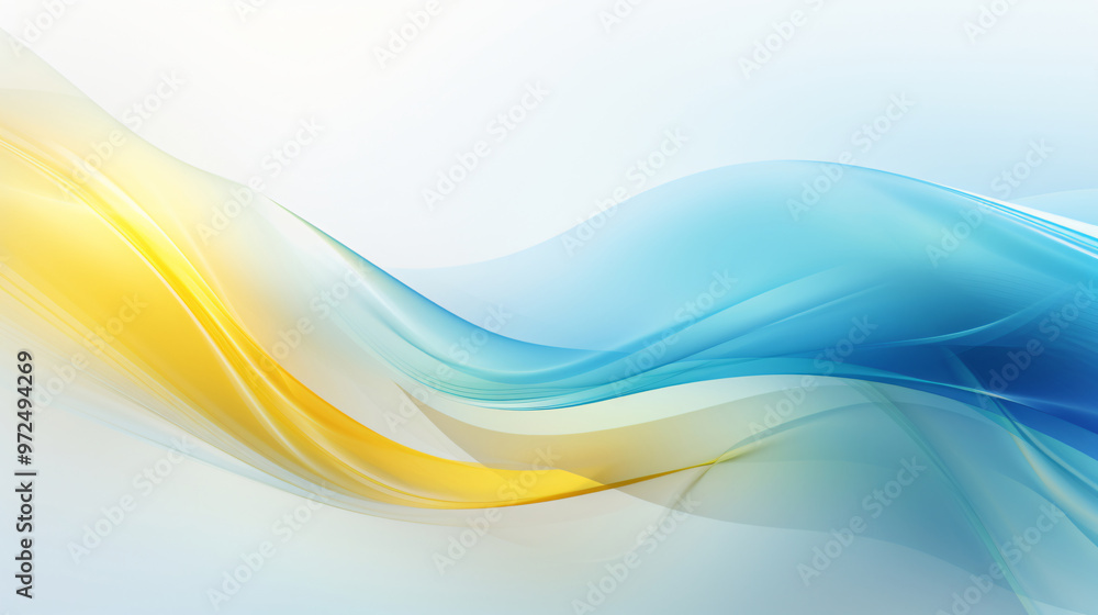 Poster an abstract digital artwork showcasing flowing waves in soft shades of blue and yellow, blending sea