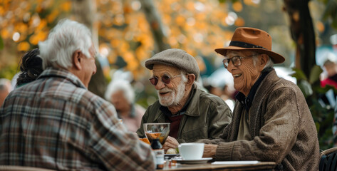 Fototapeta premium Senior Friends Enjoying Conversation and Coffee in Autumn Park