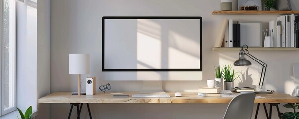 A minimalist study room with a built-in desk, floating shelves, and a wall-mounted whiteboard, promoting a clean and focused environment for productivity.