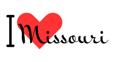 I love Missouri state of the United States of America. Hand drawn letters with red heart. USA regions vector illustration, lettering in modern design