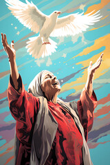 vintage style pop art style illustrated grandma praying to god