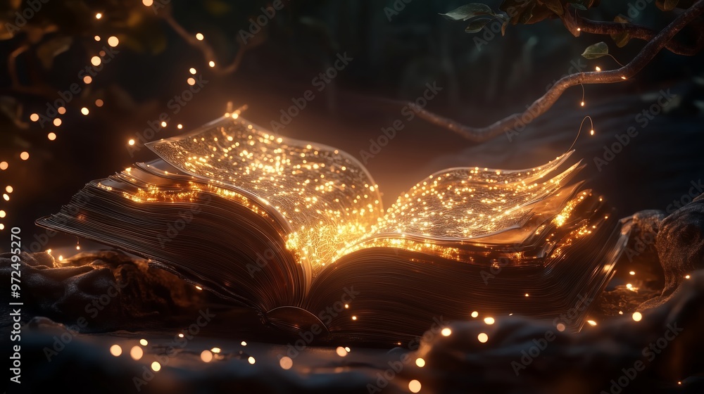 Poster a magical open book surrounded by glowing light in a serene forest setting at twilight