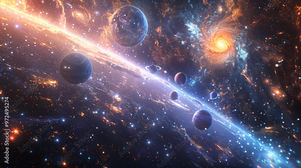 Poster a breathtaking digital artwork of a vibrant cosmic scene featuring multiple planets orbiting around 
