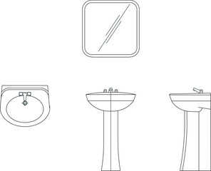 Vector sketch illustration of the silhouette design of a hand washing sink with a size scale looking at various sides 