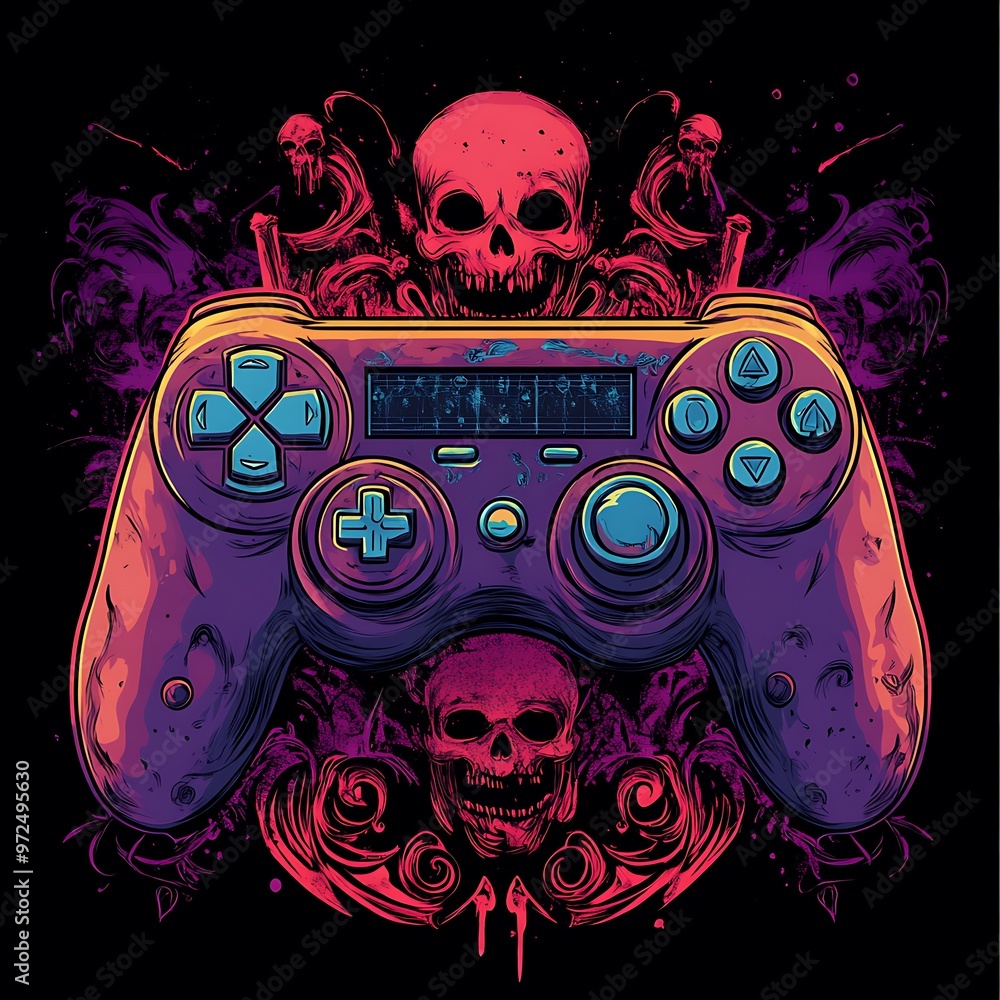 Poster Skull and Game Controller with Swirling Design