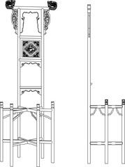 Vector sketch illustration of the silhouette of a classic vintage ethnic room backdrop partition furniture design full of traditional carvings