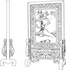 Vector sketch illustration of the silhouette of a classic vintage ethnic room backdrop partition furniture design full of traditional carvings