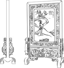 Vector sketch illustration of the silhouette of a classic vintage ethnic room backdrop partition furniture design full of traditional carvings