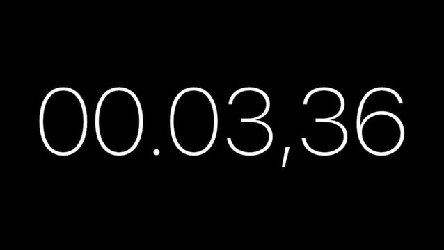 Digital stopwatch count 0 seconds to 10 seconds on black background. 10 second timer for countdown count up clock animation. Time counter symbol and countdown stock video. Footage of stopwatch numbers