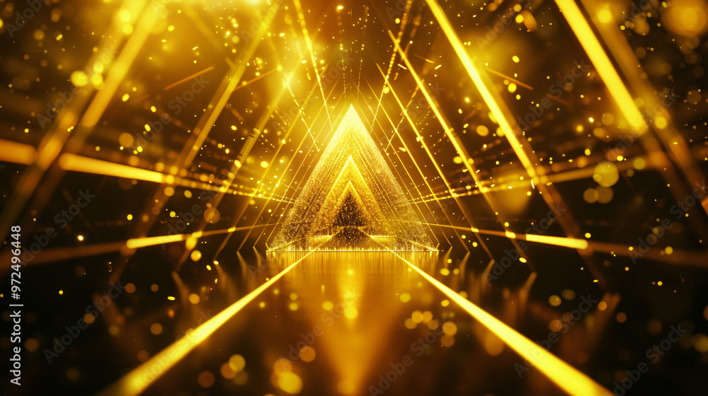 Poster an enchanting digital scene featuring a golden triangular pathway illuminated with shimmering lights