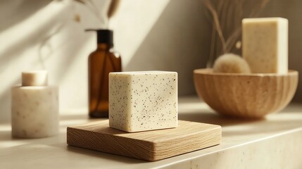 Organic soap in ecofriendly packaging, earthy textures, minimalist design, 3D illustration, natural lighting, soft shadows, detailed textures, photorealistic product shot