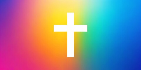 Obraz premium A stylized white cross shape adorns a gradient background that blends blue, pink, and yellow hues, creating a