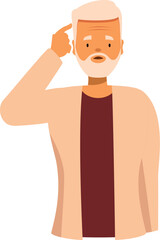 Fototapeta premium Senior man with grey hair and beard holding his finger to his temple, thinking hard