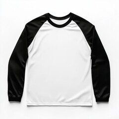 Flat lay long sleeve tshirt mockup. White black raglan shirt mock up. Blank t-shirt template, front view. Kids, adults sport apparel, gender neutral t-shirt mock. Laying unisex tee mockup