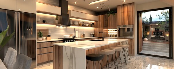 A modern kitchen with an island featuring integrated appliances, under-counter storage, and a pull-out pantry system, maximizing space and efficiency.