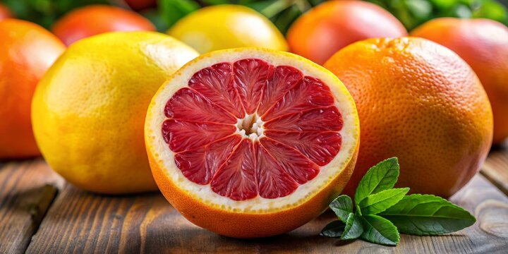A succulent tongo red grapefruit is captured in this close-up, its vibrant red color encompassing a delicate yellow