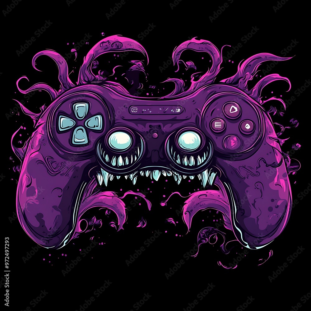 Aufkleber A Ferocious Purple Video Game Controller With Sharp Teeth