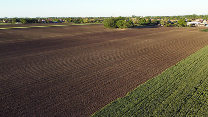 agricultural fields in spring, in Vojvodina, seen from the drone