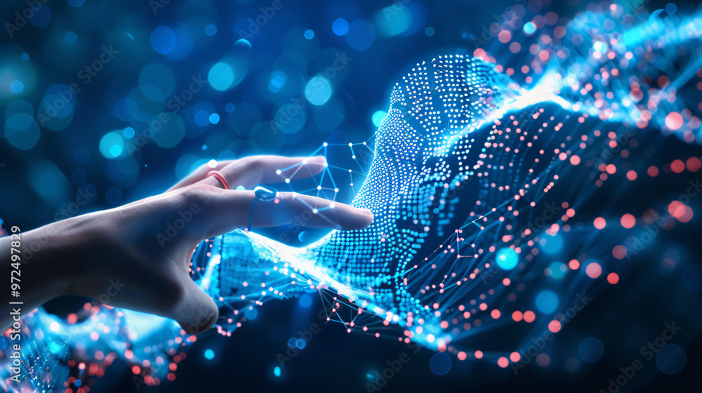 Poster a futuristic digital illustration depicting a hand reaching towards a network of glowing data points