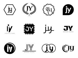 JY logo company template. Letter j and y logotype. Set different classic serif lettering and modern bold text with design elements. Initial font typography.