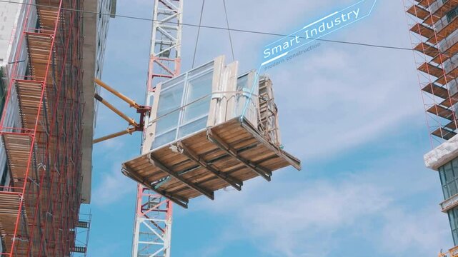 Smart industry inscription. The window block is lifted by crane. The concept of a smart construction industry. Smart industry visualization