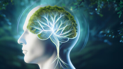 Fototapeta premium The brain in the form of luminous streams intertwined with natural elements symbolizes the connection between mental and physical health