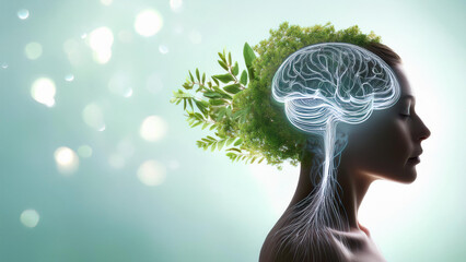 The brain in the form of luminous streams intertwined with natural elements symbolizes the connection between mental and physical health