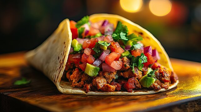 47. A neon-lit taco with fresh ingredients, the vibrant colors of the toppings enhanced by the glowing neon lights, creating a dynamic and appetizing image