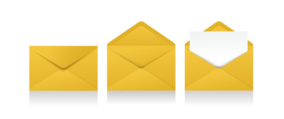 Set of realistic yellow envelopes in different positions. Folded and unfolded envelope backpack isolated