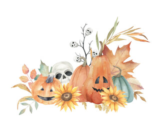 Halloween horror card. Watercolor holiday  illustration with pumpkins, sunflower, skull on white background, for party, poster