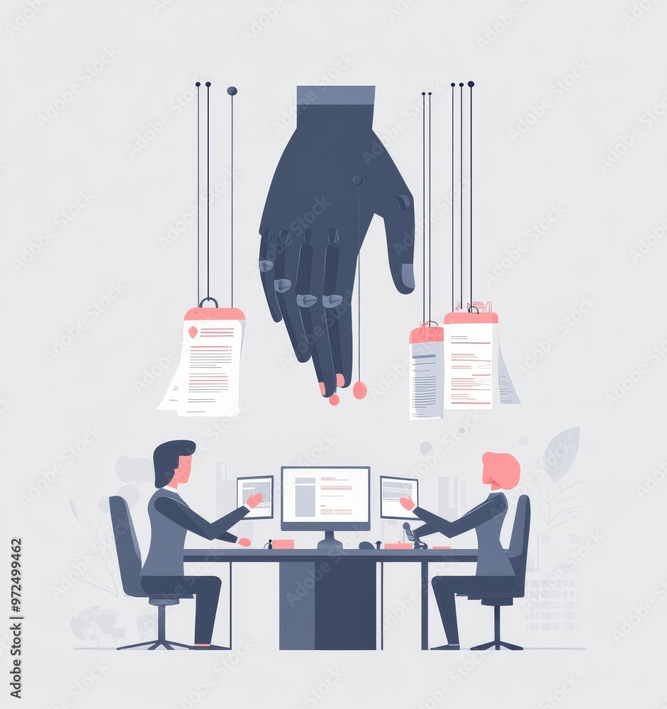 Poster controlling an ai robot puppet with a hand. stock technology vector