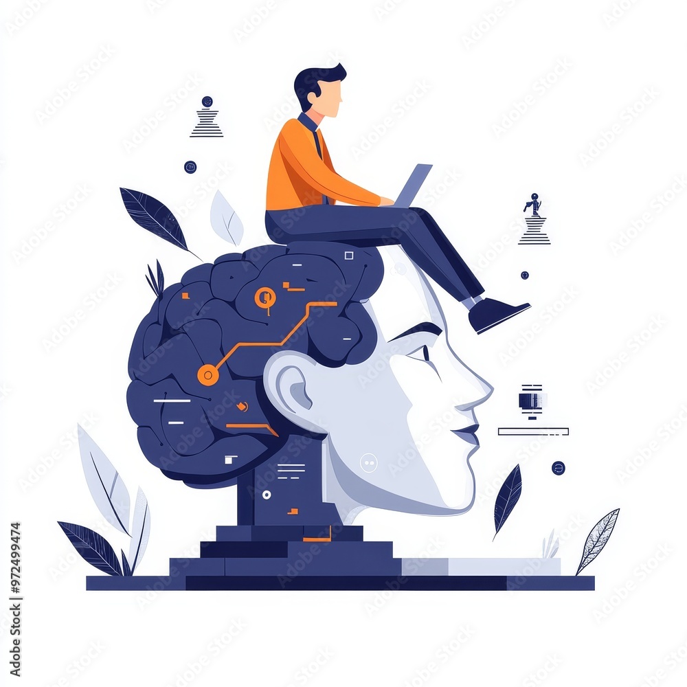 Poster a modern robot connected to the brain of a person. augmented intelligence, enhancing human intellige