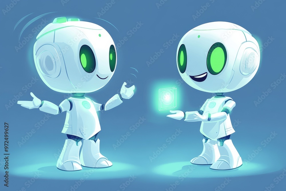Poster this set of cute robot ai characters analyzes and notes actions,