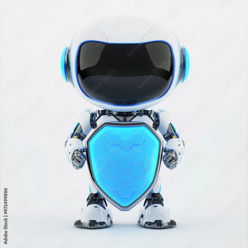 Poster this little robot holds a transparent shield as a data security concept, rendered in 3d