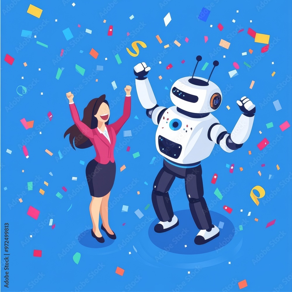 Poster an ai robot and a business person in isometric pose show teamwork