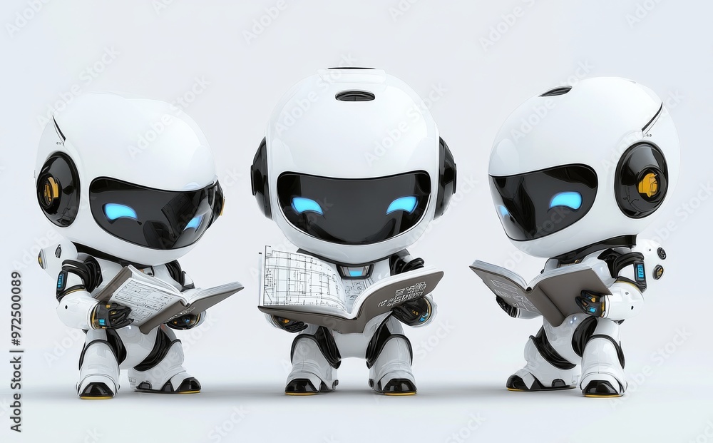 Poster illustration for robotic engineer collection. robot with hard hat and blueprint layout elements.